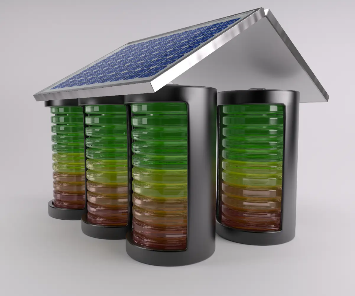 Güneş paneli çatısı altında şarj seviyeleri görünen akü hücreleriyle güneş enerjisi depolama
